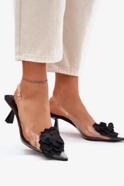 Boto Sandały Na Obcasie*Transparentne Sandały Na Szpilce Z Ozdobnym Kwiatem Czarne Risalie Czarny