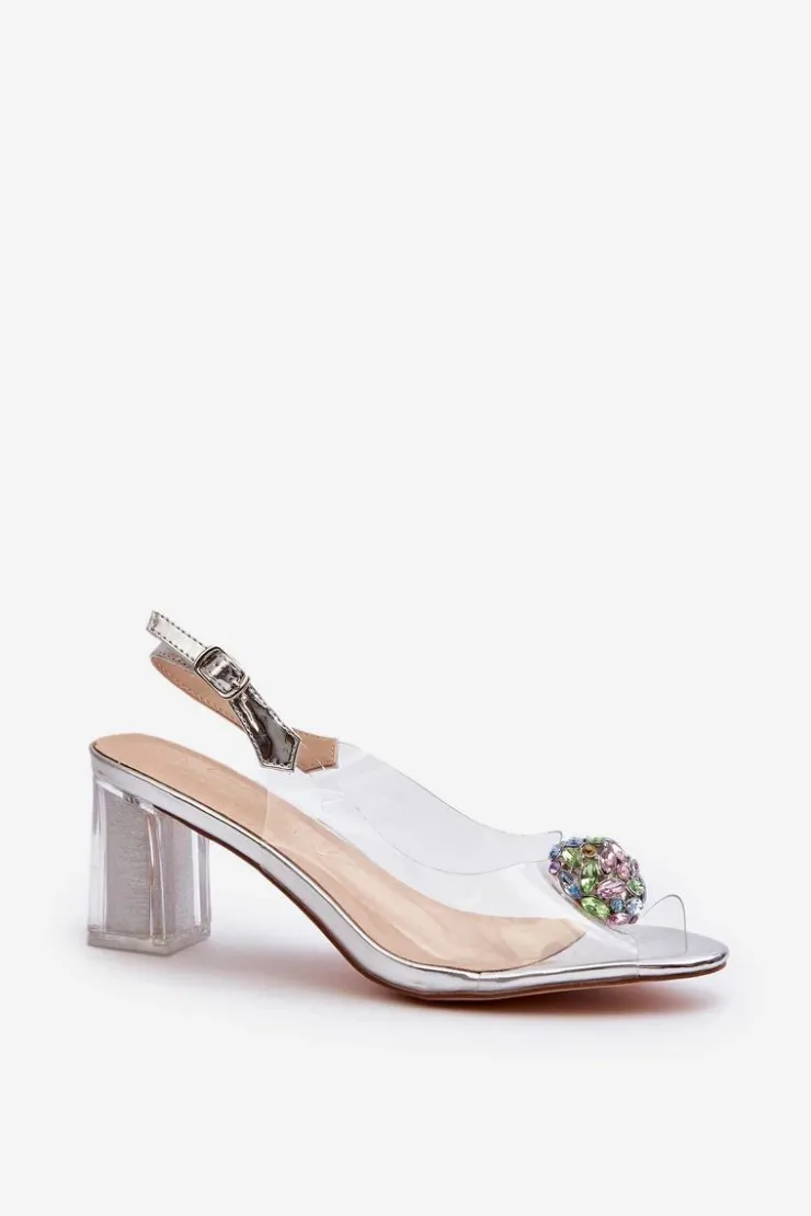 Damskie Damskie buty S.Barski Transparentne Sandały Na Słupku z Ozdobą Srebrne D&A MR38-454