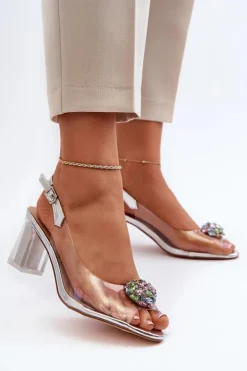 Damskie Damskie buty S.Barski Transparentne Sandały Na Słupku z Ozdobą Srebrne D&A MR38-454