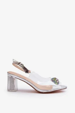 Damskie Damskie buty S.Barski Transparentne Sandały Na Słupku z Ozdobą Srebrne D&A MR38-454
