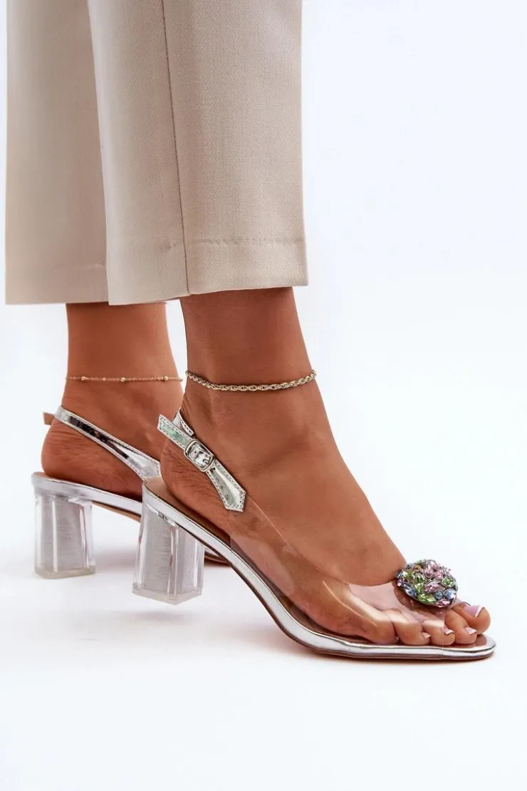 Damskie Damskie buty S.Barski Transparentne Sandały Na Słupku z Ozdobą Srebrne D&A MR38-454