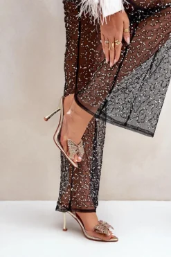 Damskie Boto Transparentne Sandały Na Szpilce Z Błyszczącą Kokardą Złote Viosta