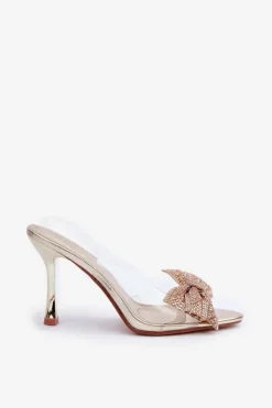 Damskie Boto Transparentne Sandały Na Szpilce Z Błyszczącą Kokardą Złote Viosta