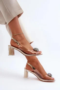Damskie Damskie buty S.Barski Transparentne Sandały Na Słupku z Ozdobą Złote D&A MR38-454
