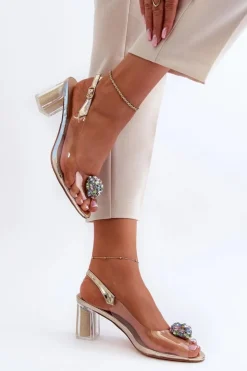 Damskie Damskie buty S.Barski Transparentne Sandały Na Słupku z Ozdobą Złote D&A MR38-454