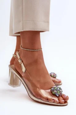 Damskie Damskie buty S.Barski Transparentne Sandały Na Słupku z Ozdobą Złote D&A MR38-454