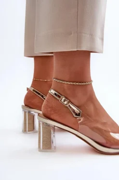 Damskie Damskie buty S.Barski Transparentne Sandały Na Słupku z Ozdobą Złote D&A MR38-454