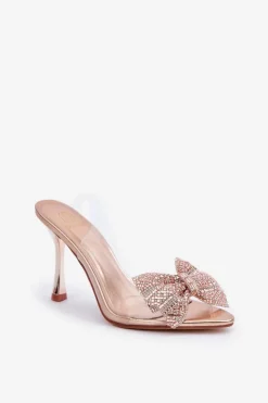 Damskie Boto Transparentne Sandały Na Szpilce Z Błyszczącą Kokardą Różowe Złoto Viosta