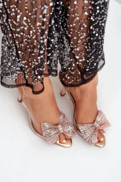 Damskie Boto Transparentne Sandały Na Szpilce Z Błyszczącą Kokardą Różowe Złoto Viosta