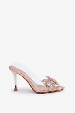 Damskie Boto Transparentne Sandały Na Szpilce Z Błyszczącą Kokardą Różowe Złoto Viosta