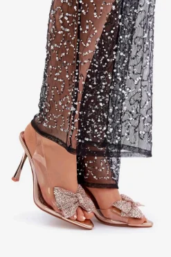 Damskie Boto Transparentne Sandały Na Szpilce Z Błyszczącą Kokardą Różowe Złoto Viosta