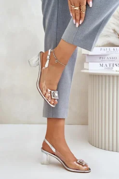 Best Damskie buty S.Barski Transparentne Sandały Z Broszką Na Słupku D&A MR42-031 Srebrne