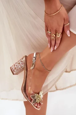 Hot Damskie buty S.Barski Transparentne Sandały Z Kwiatkami Na Zdobionym Obcasie D&A MR38-331 Różowe Złoto