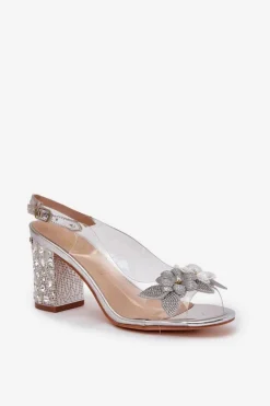 Damskie buty S.Barski Sandały Na Słupku|Sandały Na Obcasie*Transparentne Sandały Z Kwiatkami Na Zdobionym Obcasie D&A MR38-331 Srebrne