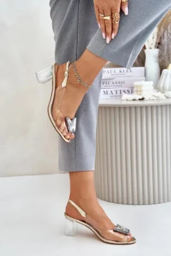 Damskie buty S.Barski Sandały Na Słupku|Sandały Na Obcasie*Transparentne Sandały Z Motylem Na Słupku D&A MR42-326 Złote