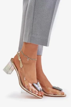 Damskie buty S.Barski Sandały Na Słupku|Sandały Na Obcasie*Transparentne Sandały Z Motylem Na Słupku D&A MR42-326 Złote