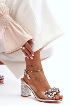 Damskie buty S.Barski Sandały Na Obcasie*Transparentne Stylowe Sandały Na Słupku Srebrne S.Barski MR1037-17