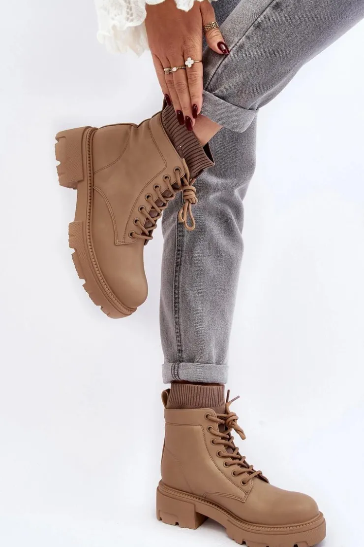 Boto Botki Ocieplane|Damskie Trapery*Trapery Botki Damskie Ze Skarpetą Beżowe Rivella Beżowy