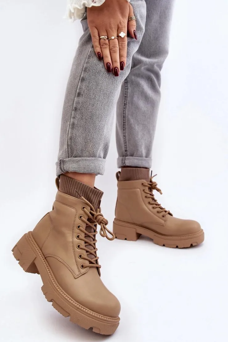 Boto Botki Ocieplane|Damskie Trapery*Trapery Botki Damskie Ze Skarpetą Beżowe Rivella Beżowy