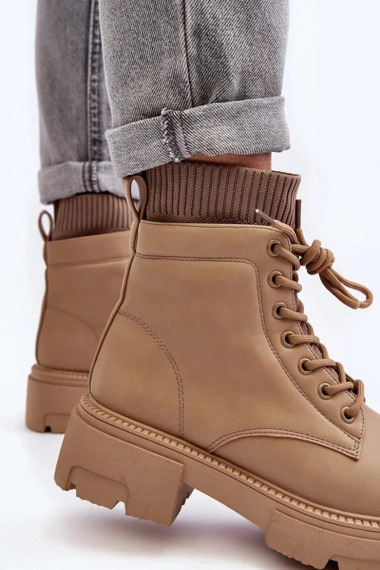 Boto Botki Ocieplane|Damskie Trapery*Trapery Botki Damskie Ze Skarpetą Beżowe Rivella Beżowy