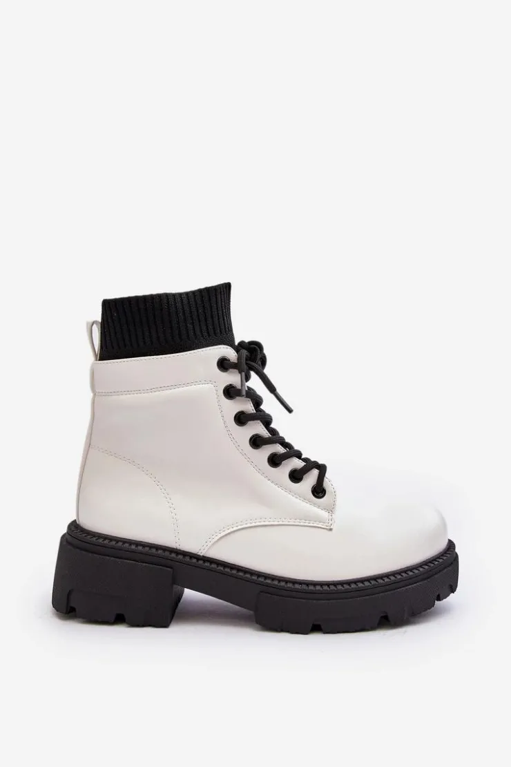 Boto Damskie Trapery|Botki Sznurowane*Trapery Botki Damskie Ze Skarpetą Biało-Czarne Rivella