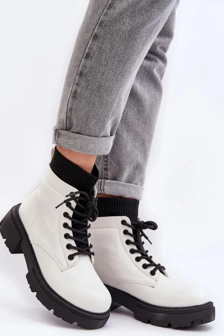 Boto Damskie Trapery|Botki Sznurowane*Trapery Botki Damskie Ze Skarpetą Biało-Czarne Rivella