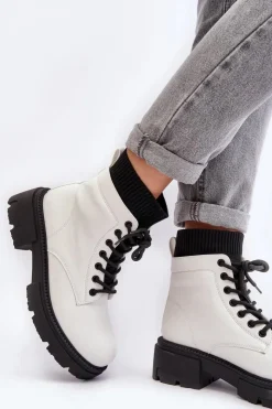 Boto Damskie Trapery|Botki Sznurowane*Trapery Botki Damskie Ze Skarpetą Biało-Czarne Rivella