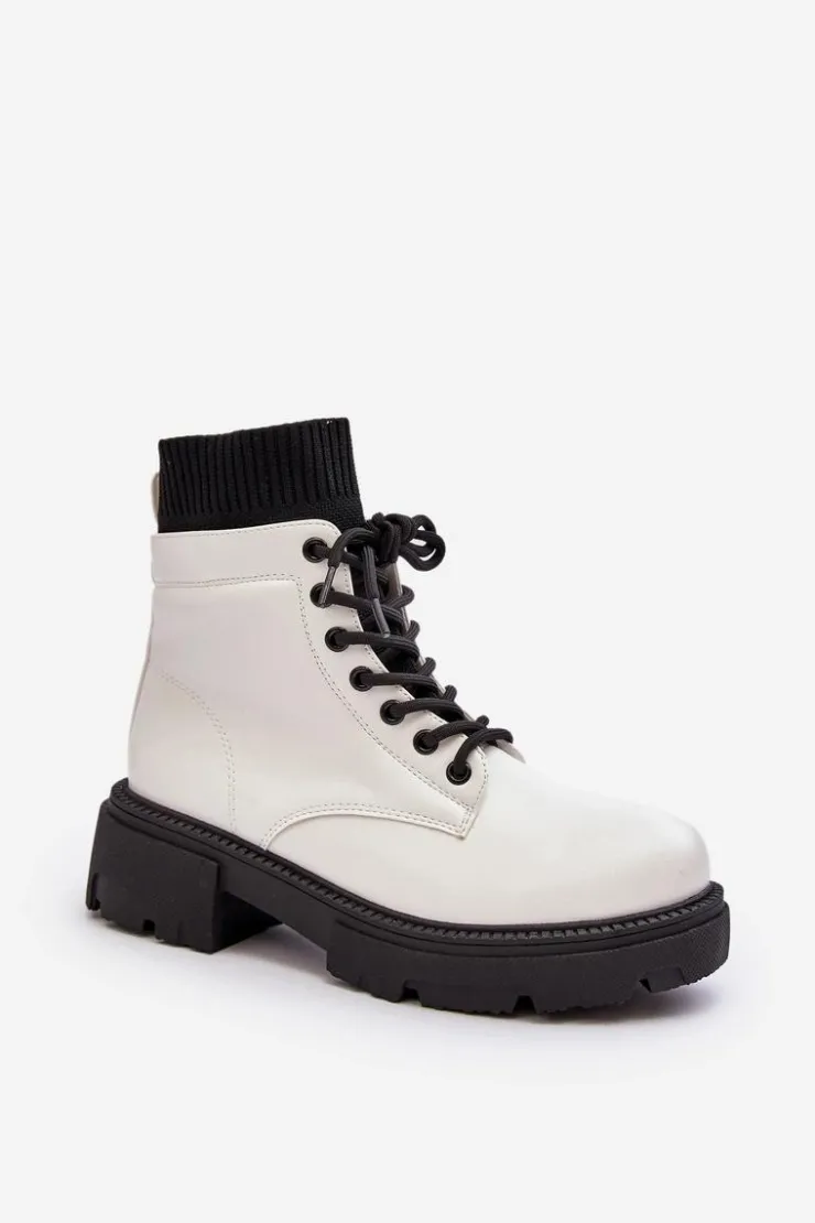 Boto Damskie Trapery|Botki Sznurowane*Trapery Botki Damskie Ze Skarpetą Biało-Czarne Rivella