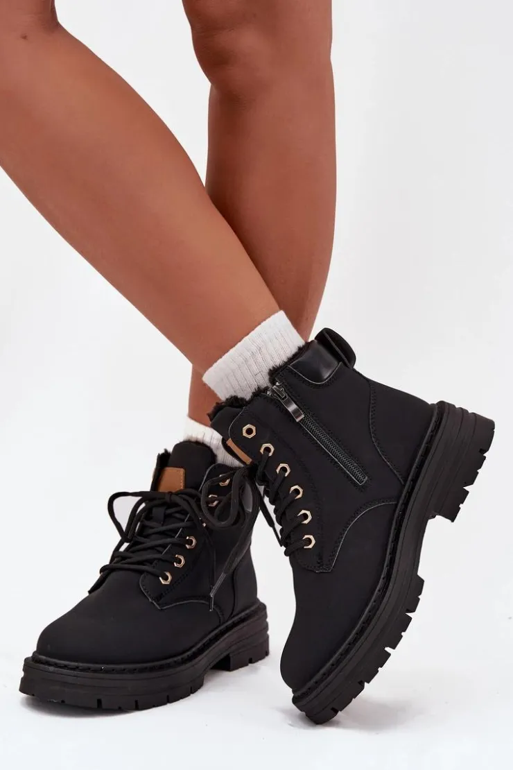 Clearance Boto Trapery Damskie Ocieplane Futerkiem Na Zamek Czarne Tharika Czarny