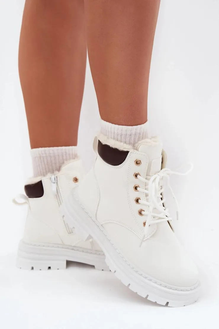 Boto Botki Ocieplane|Damskie Trapery*Trapery Damskie Ocieplane Futerkiem Na Zamek Białe Tharika Biały