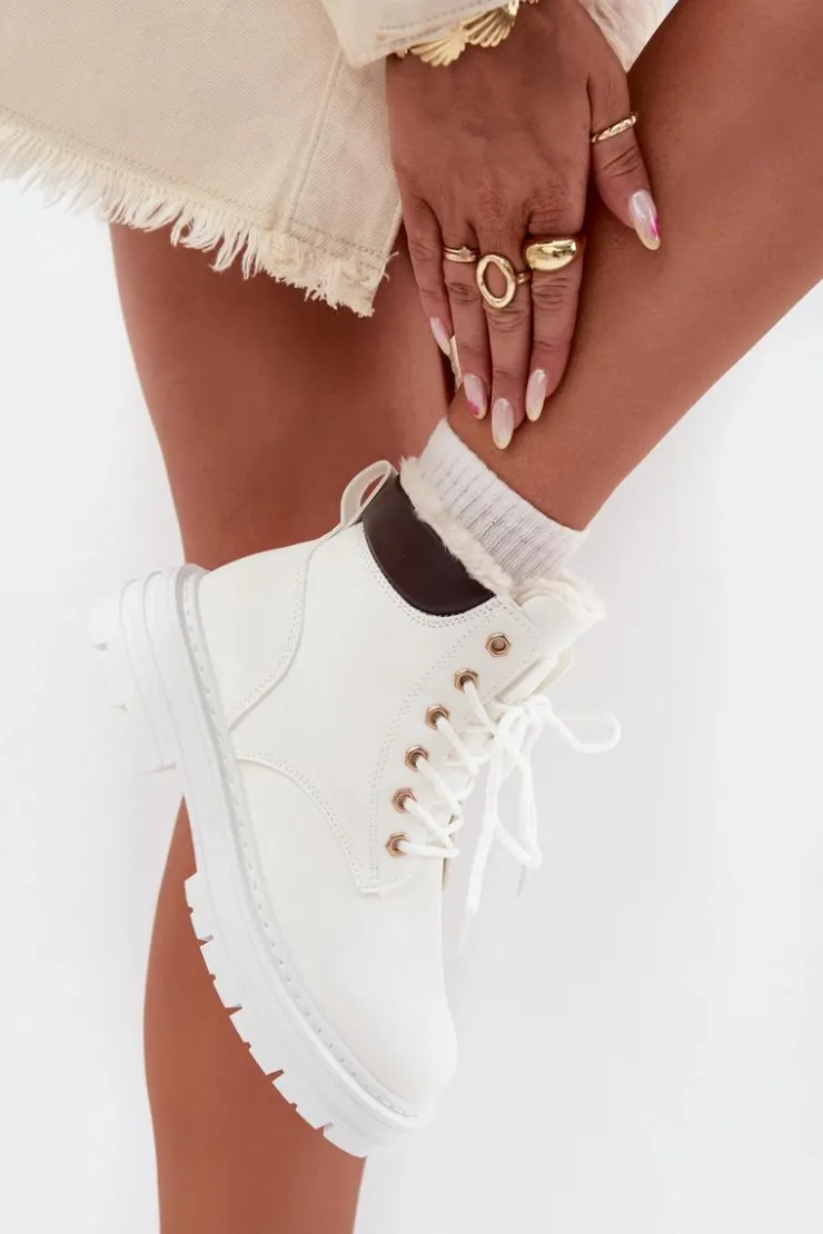 Boto Botki Ocieplane|Damskie Trapery*Trapery Damskie Ocieplane Futerkiem Na Zamek Białe Tharika Biały