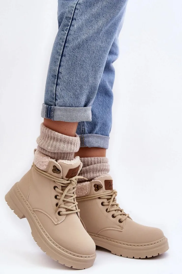 Boto Damskie Trapery|Botki Sznurowane*Trapery Damskie Skórzane Z Kożuchem Jasnobeżowe Lynnvia