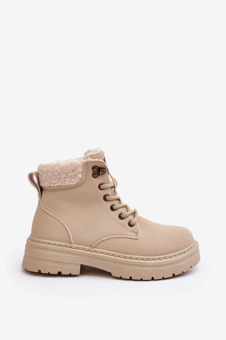Boto Damskie Trapery|Botki Sznurowane*Trapery Damskie Skórzane Z Kożuchem Jasnobeżowe Lynnvia