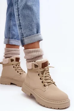 Boto Damskie Trapery|Botki Sznurowane*Trapery Damskie Skórzane Z Kożuchem Jasnobeżowe Lynnvia