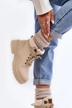 Boto Damskie Trapery|Botki Sznurowane*Trapery Damskie Skórzane Z Kożuchem Jasnobeżowe Lynnvia