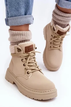 Boto Damskie Trapery|Botki Sznurowane*Trapery Damskie Skórzane Z Kożuchem Jasnobeżowe Lynnvia