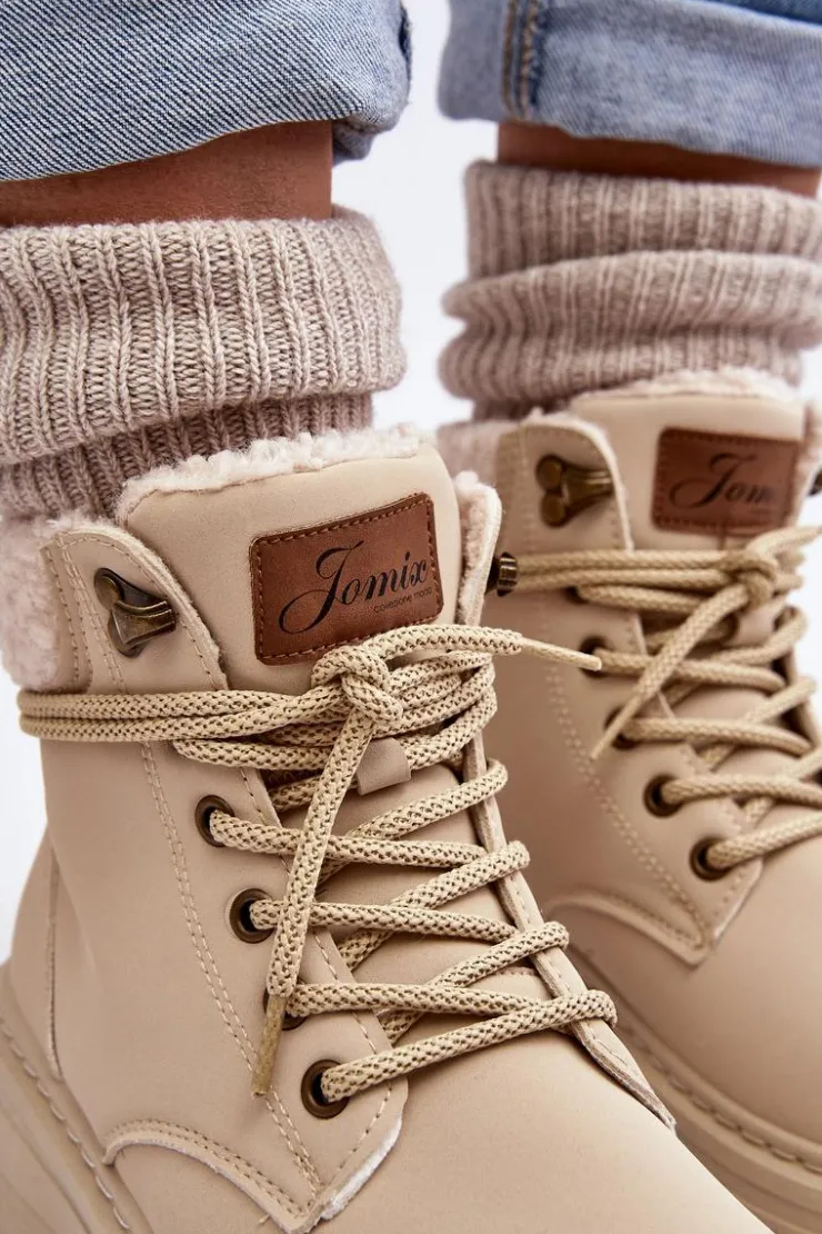 Boto Damskie Trapery|Botki Sznurowane*Trapery Damskie Skórzane Z Kożuchem Jasnobeżowe Lynnvia