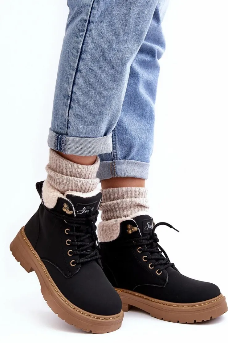 New Boto Trapery Damskie Skórzane Z Kożuchem Czarne Lynnvia