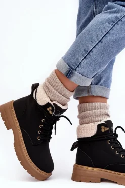 New Boto Trapery Damskie Skórzane Z Kożuchem Czarne Lynnvia