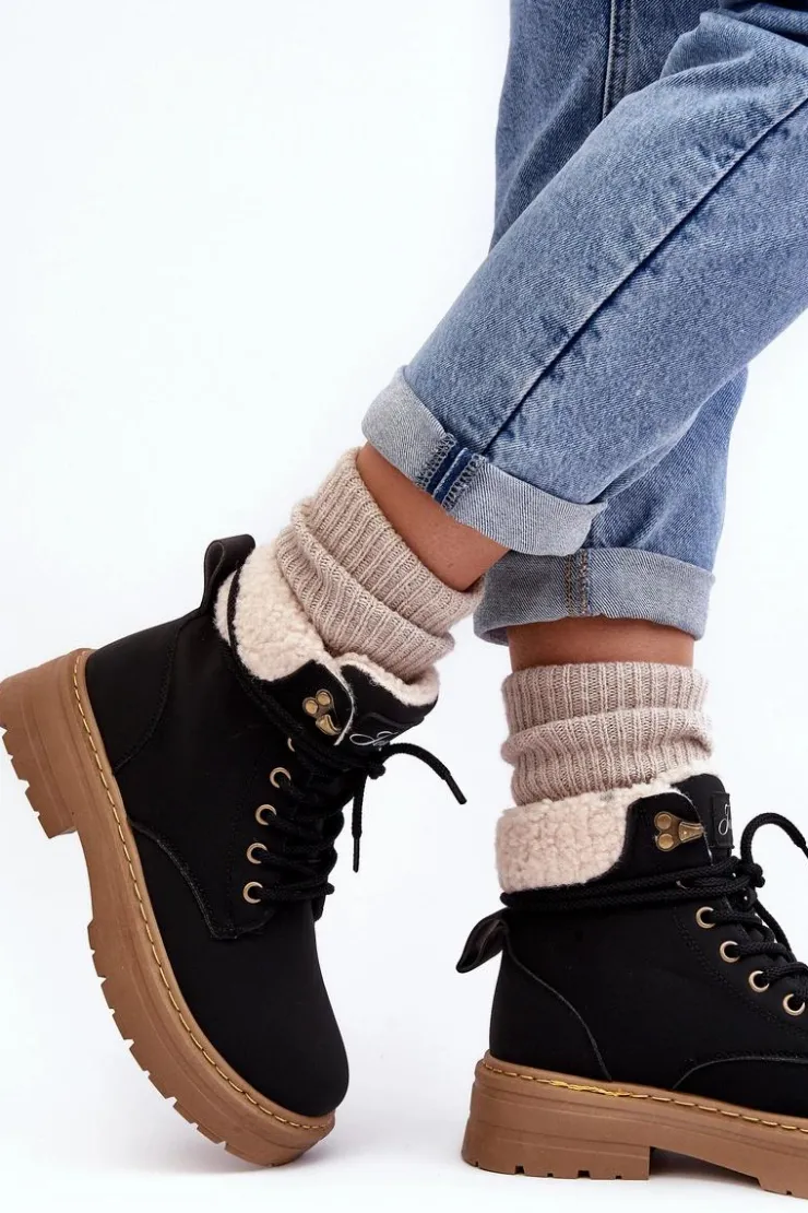 New Boto Trapery Damskie Skórzane Z Kożuchem Czarne Lynnvia