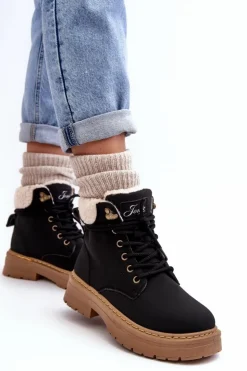 New Boto Trapery Damskie Skórzane Z Kożuchem Czarne Lynnvia