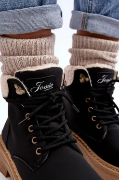 New Boto Trapery Damskie Skórzane Z Kożuchem Czarne Lynnvia