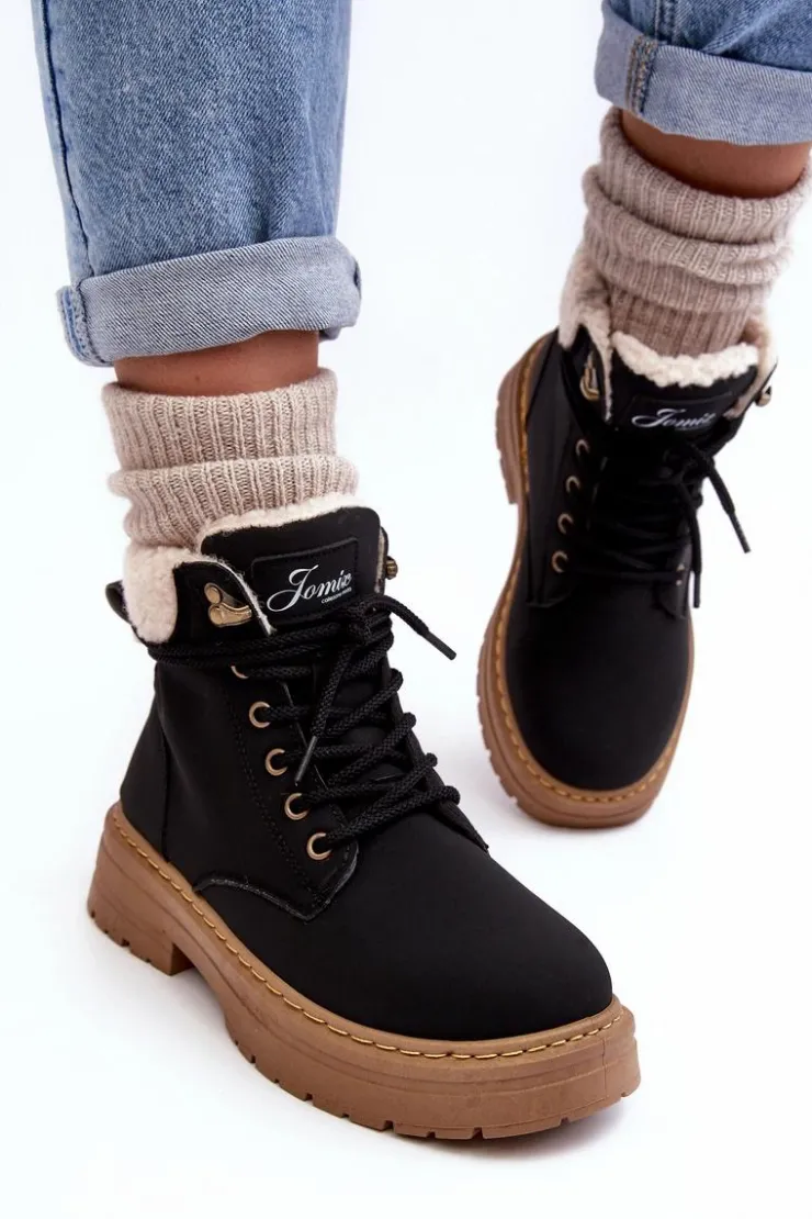 New Boto Trapery Damskie Skórzane Z Kożuchem Czarne Lynnvia