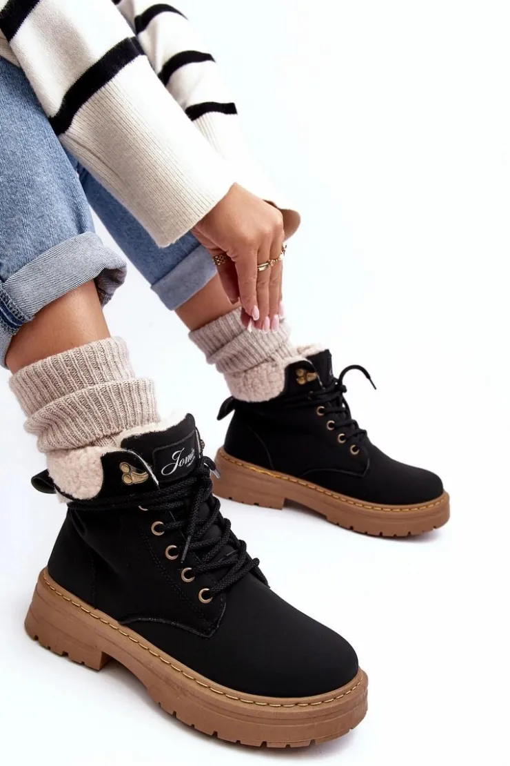 New Boto Trapery Damskie Skórzane Z Kożuchem Czarne Lynnvia