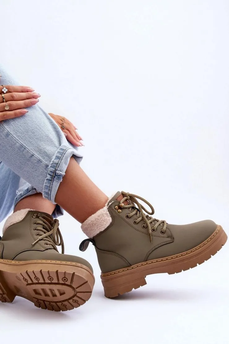 Boto Damskie Trapery|Botki Sznurowane*Trapery Damskie Z Kożuchem Zielone Jette