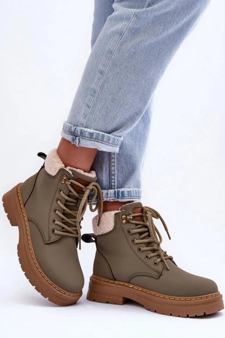 Boto Damskie Trapery|Botki Sznurowane*Trapery Damskie Z Kożuchem Zielone Jette
