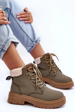 Boto Damskie Trapery|Botki Sznurowane*Trapery Damskie Z Kożuchem Zielone Jette