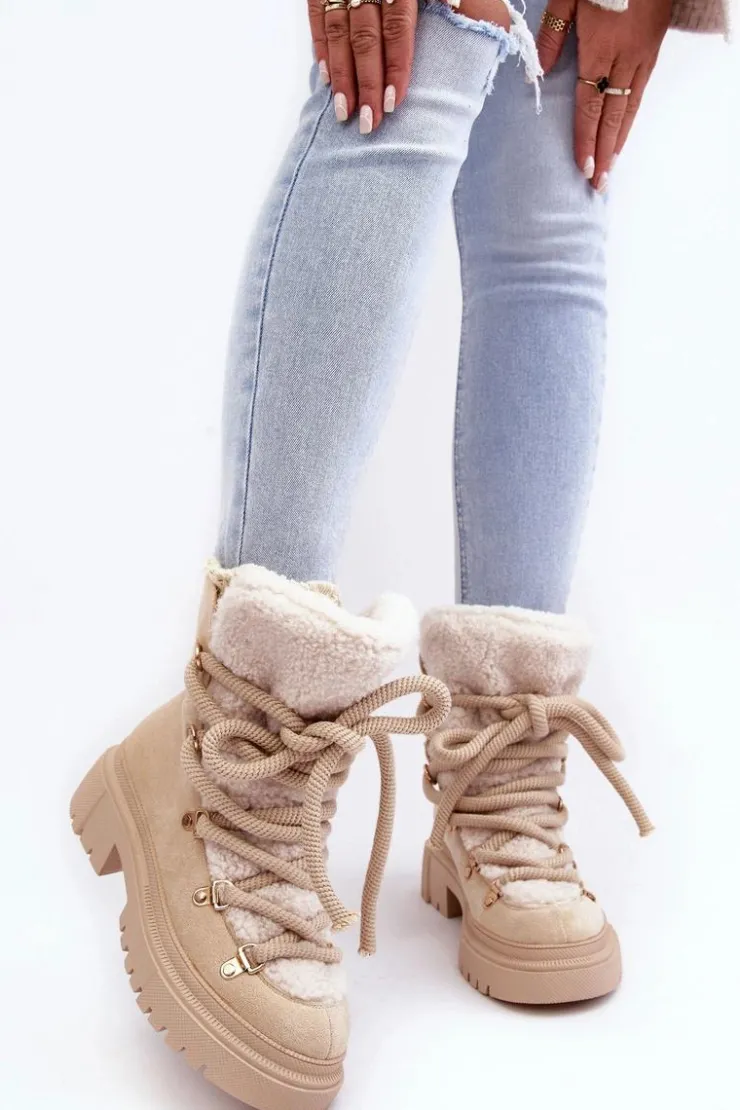 Sale Boto Trapery Śniegowce Damskie Z Wiązaniem Jasnobeżowe Shala