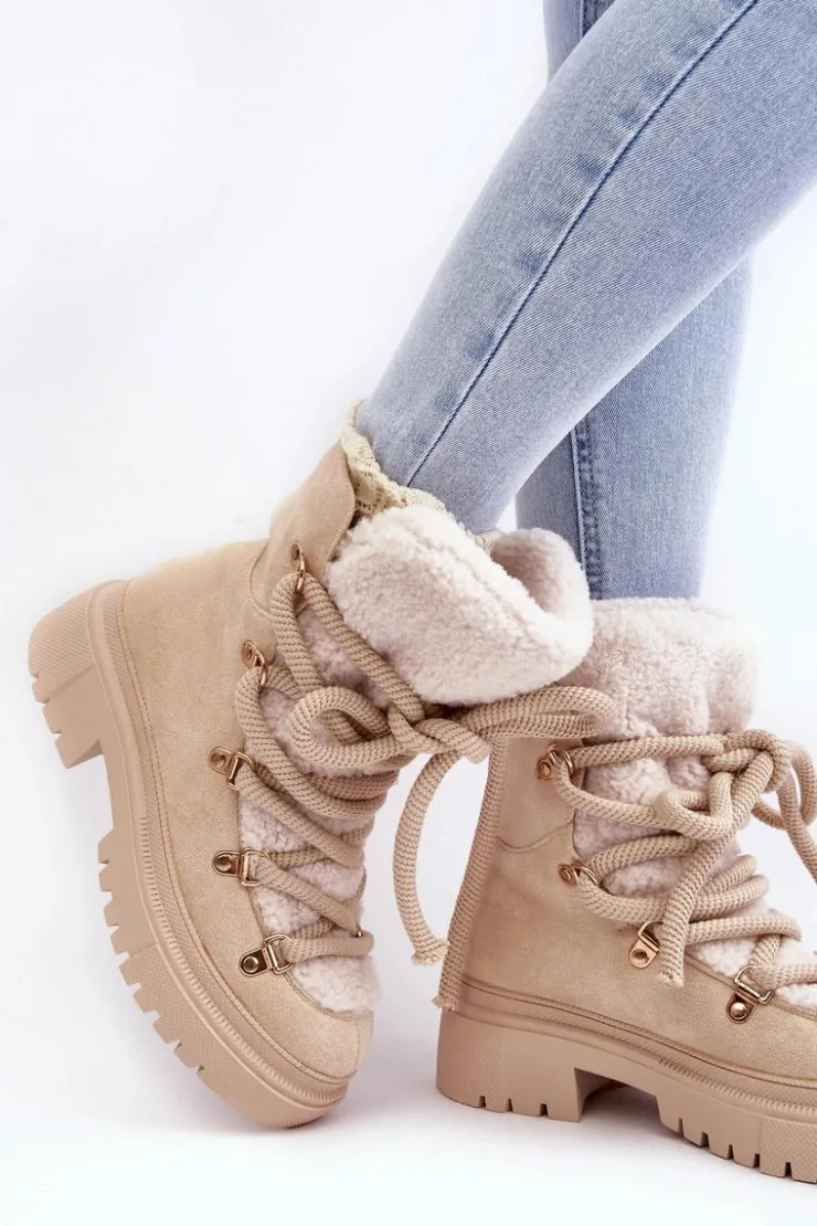 Sale Boto Trapery Śniegowce Damskie Z Wiązaniem Jasnobeżowe Shala