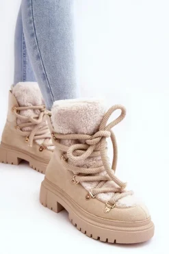 Sale Boto Trapery Śniegowce Damskie Z Wiązaniem Jasnobeżowe Shala
